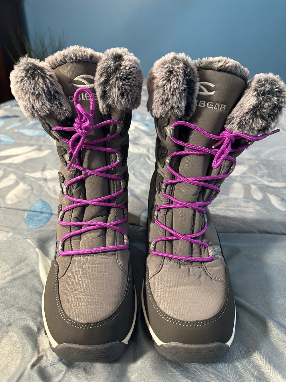 NWOT HobiBear Women's Winter Boots w/Purple Laces & Faux-Fur Trim Sz 9.5-10.5